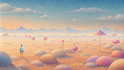 A hazy beach scene where a lone figure stands amidst a sea of pastel parasols and inflatable flamingos.