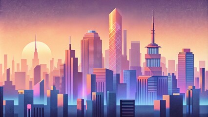 A pixelated cityscape where towering skyscrs are rep with retro arcade game graphics seen through a soft vintage filter.