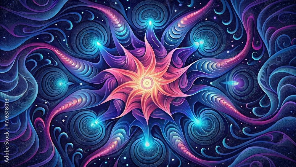 Poster bold swirls of neon light collide with intricate star patterns forming a vibrant and otherworldly mu