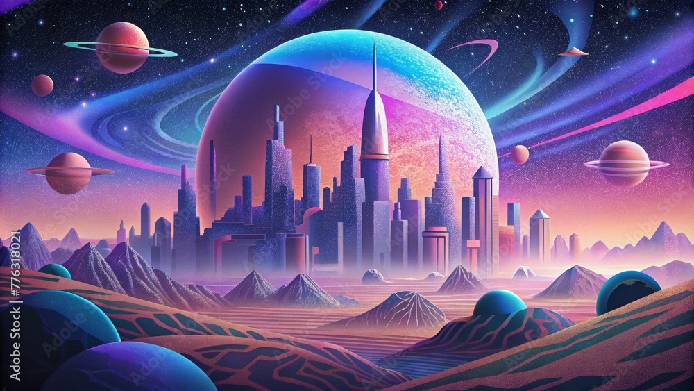 Poster a futuristic cityscape blends seamlessly with a sprawling intergalactic landscape blurring the lines