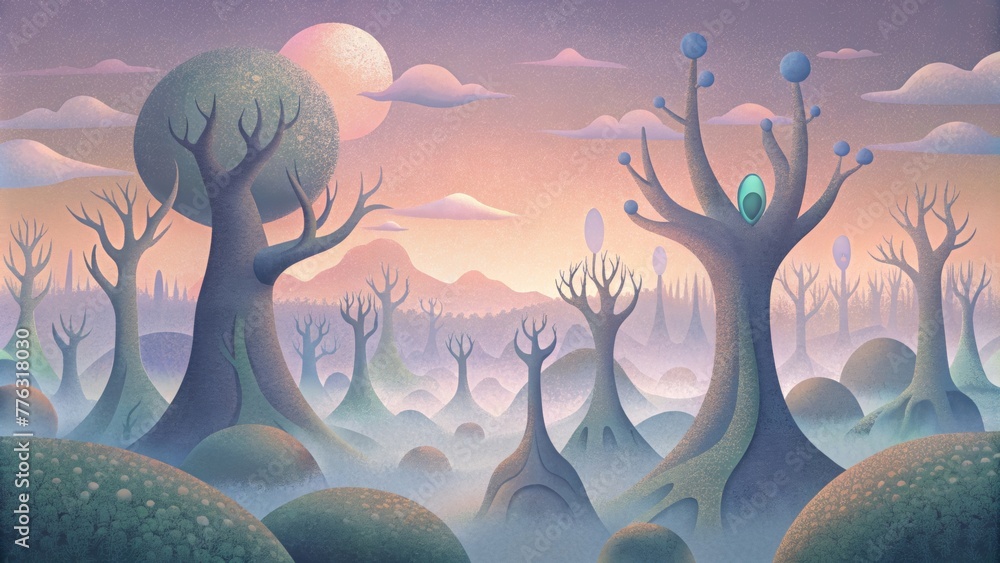 Poster a ghostly forest of abstract treelike shapes set against a hazy pastel sunset sky.