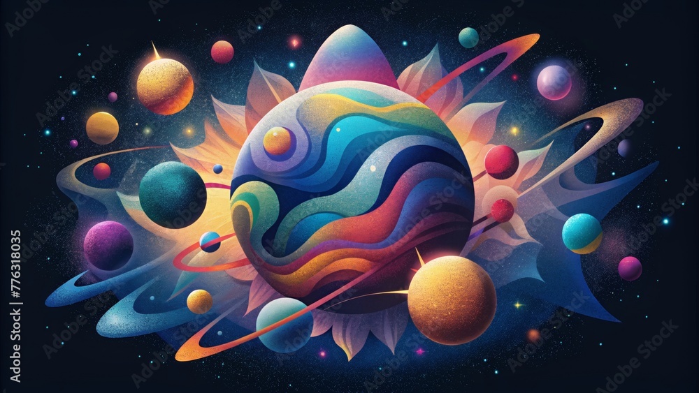 Poster the cosmos comes alive in a stunning graffiti piece where planets stars and galaxies merge in a symp