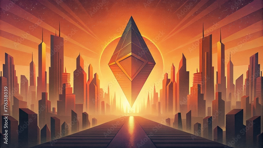 Poster a futuristic cityscape of sharp angular silhouettes intersecting with a glowing orange and yellow su