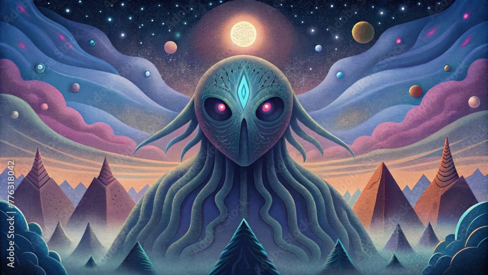 Poster enigmatic creatures from beyond our world are painted in graffiti style unleashing a feeling of cosm