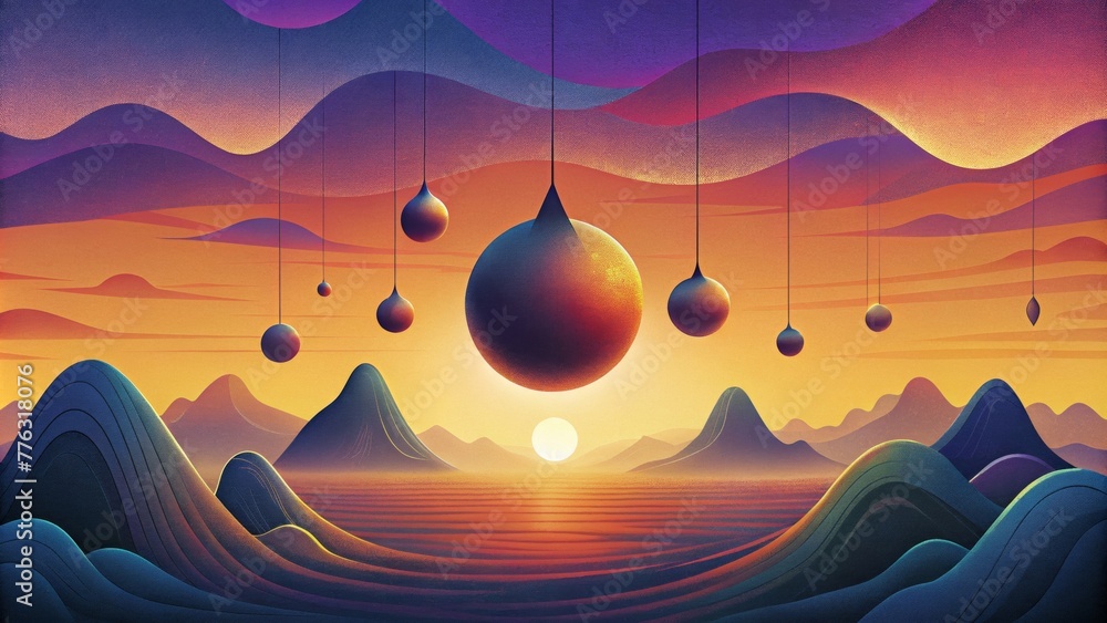 Poster Dynamic fluid shapes suspended in silhouette against a bold multicolored sunset backdrop.