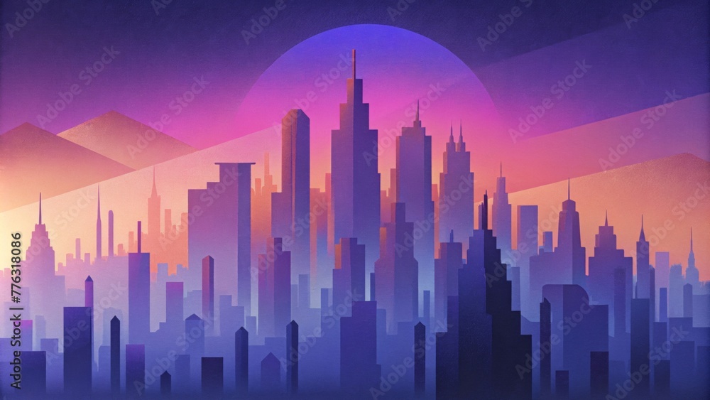 Poster A fragmented abstract skyline casting long shadows against a striking ombre sunset in shades of purple and blue.