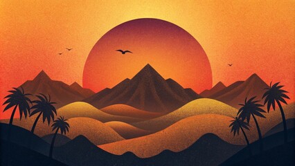 A minimalist composition featuring bold black silhouettes against a warm gradient background resembling a tropical sunset. - obrazy, fototapety, plakaty