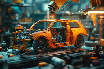 Selective focus of 3D rendering of a robot arm welding a car frame in a car assembly plant.