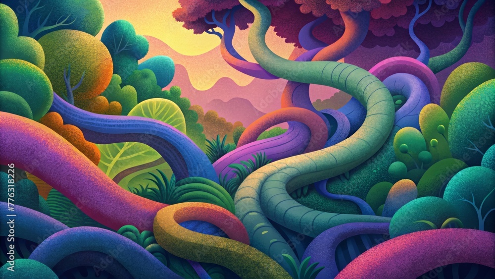 Poster A psychedelic forest of twisting twirling vines in every color of the rainbow.