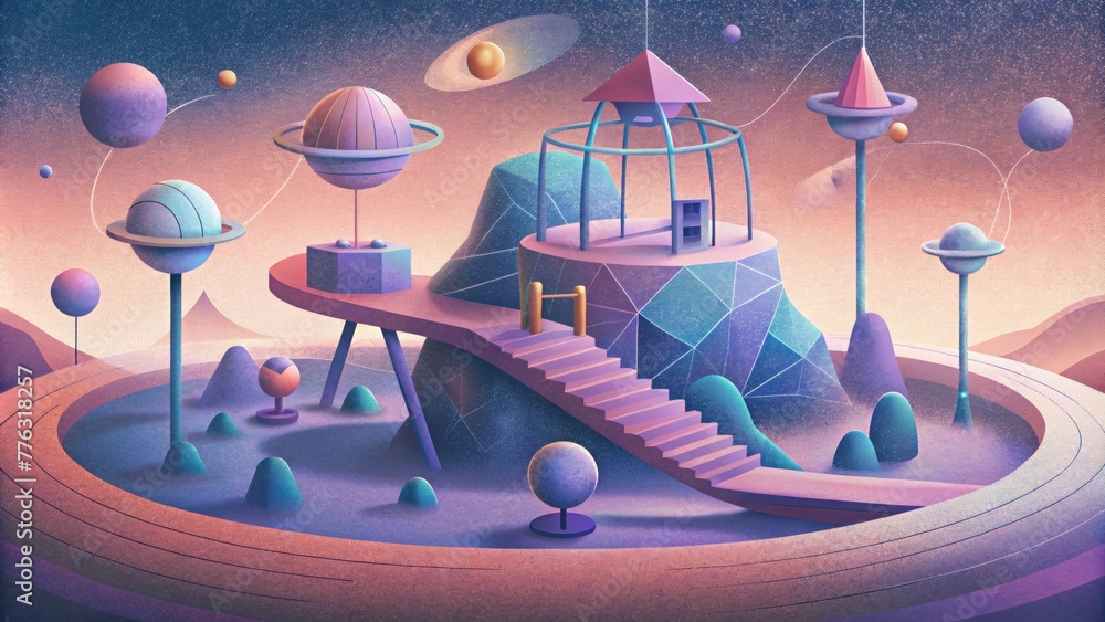 Poster A futuristic playground of intersecting lines and floating pixels inviting exploration and discovery.