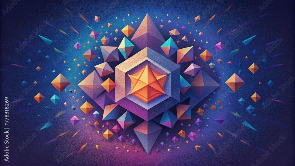 Poster A fragmented mosaic of colorful squares and triangles moving in a chaotic yet fluid motion reminiscent of the constant stream of data in a