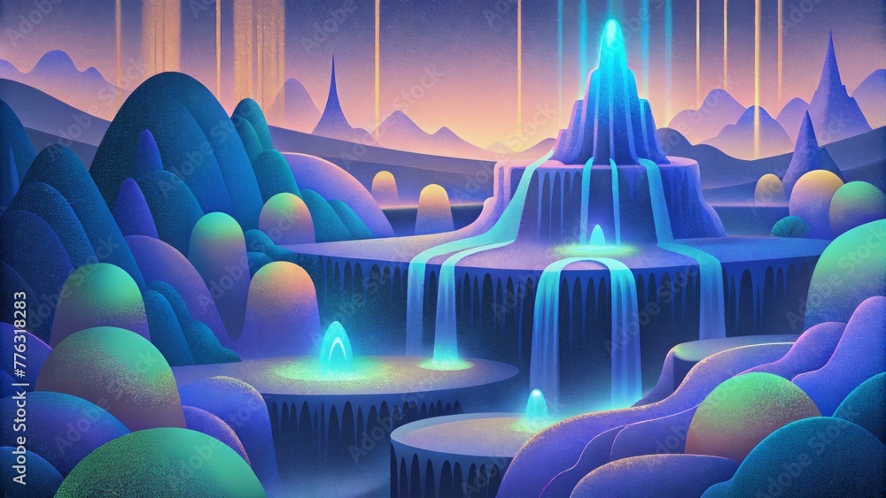 Poster An abstract landscape of cascading neon waterfalls with each droplet representing a different digital element in the overwhelming flood of