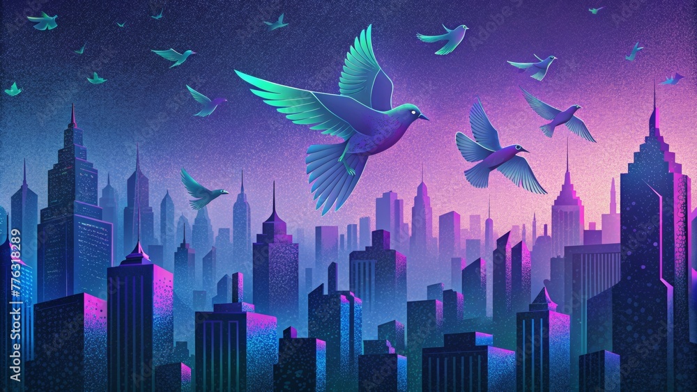 Aufkleber A flock of neoncolored birds made of binary code soaring over a city skyline symbolizing the omnipresence of digital technology in daily life.
