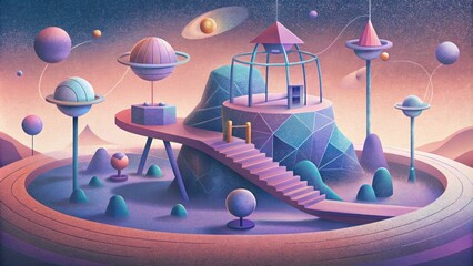 A futuristic playground of intersecting lines and floating pixels inviting exploration and discovery. - obrazy, fototapety, plakaty