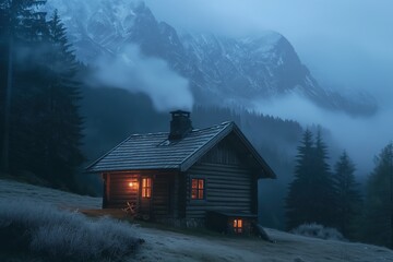small cozy cabin in the mountains, foggy weather, twilight lighting, cinematic - Powered by Adobe