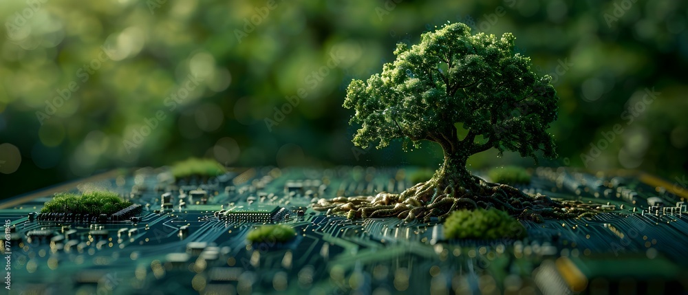 Poster computer circuit board merging with a tree symbolizing green technology and ethics. concept green te
