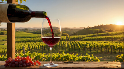 Red wine is being poured into a glass on a wooden table with a cluster of grapes, overlooking a lush vineyard bathed in the warm light of a setting sun - obrazy, fototapety, plakaty