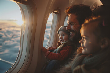 Selective focus of Caucasian man and woman holding small children Look at the window while flying...