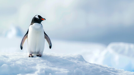Obraz premium Penguin chick walking on a snowy surface in bright daylight.