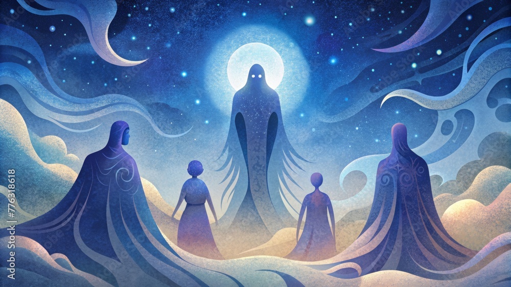 Poster A celestial scene of celestial beings their ghostly forms merging and fading into the background.