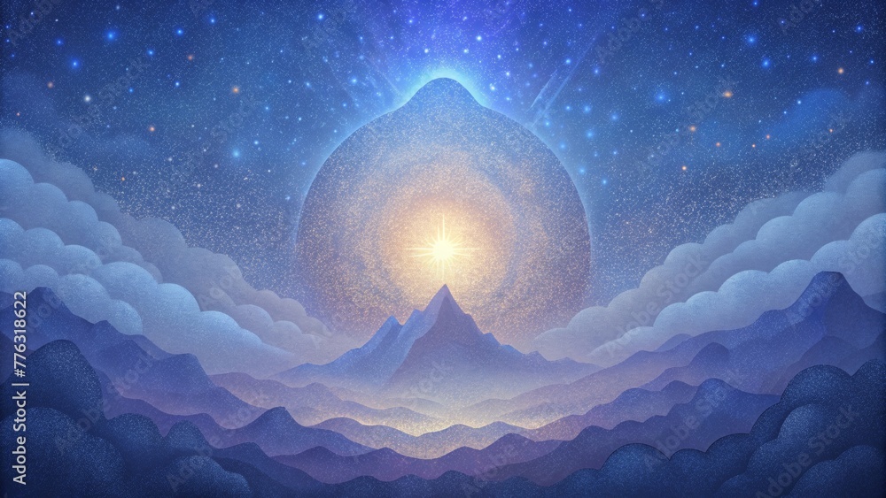 Poster glimmers of light peeking through a nebulous backdrop casting a serene and tranquil atmosphere.