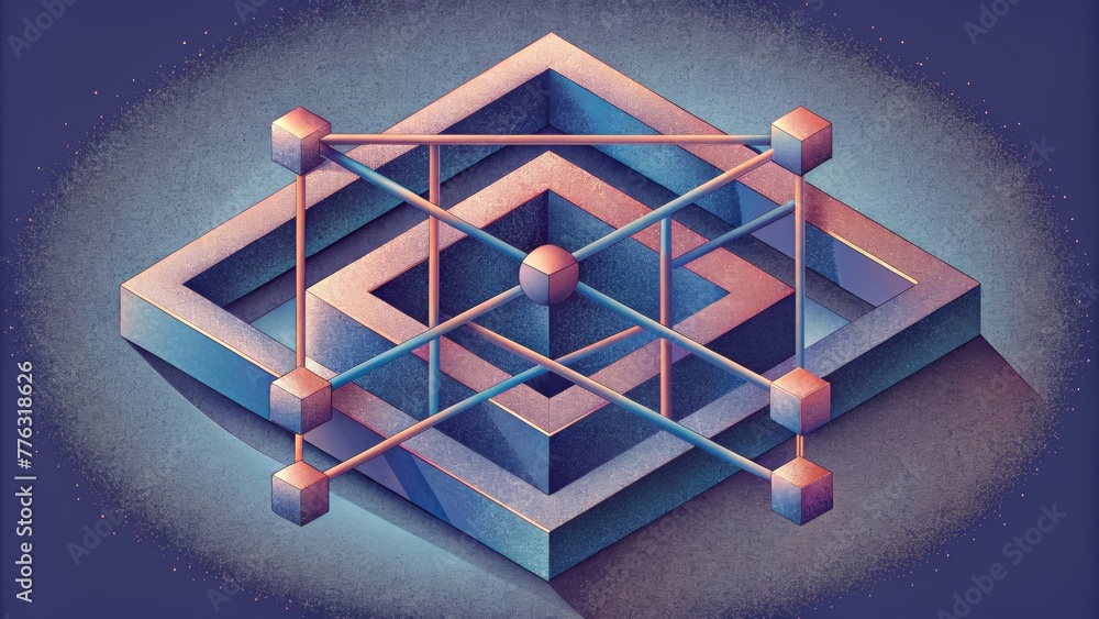 Poster A tangled web of isometric lines and shapes appearing to weave in and out of each other on a twodimensional canvas.