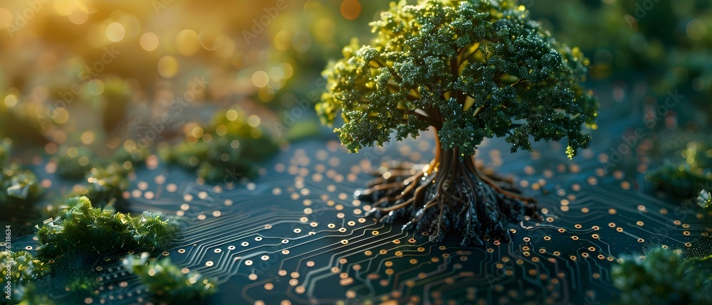 Poster fusing technology and nature: computer circuit board integrating with a tree to symbolize green tech