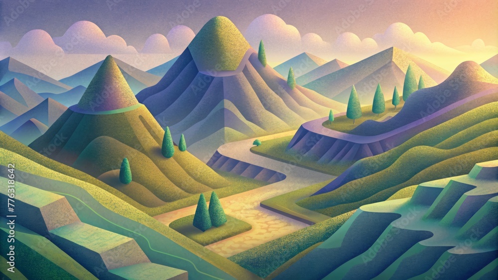 Poster a geometric landscape of isometric hills and valleys each one delicately p to give the illusion of d