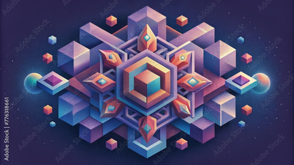 Poster A kaleidoscopic display of isometric shapes and forms dancing together to create a vibrant and dynamic composition.
