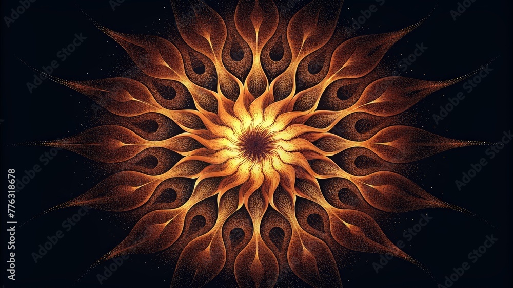 Poster a burst of molten bronze erupting into a radiant fractal pattern.