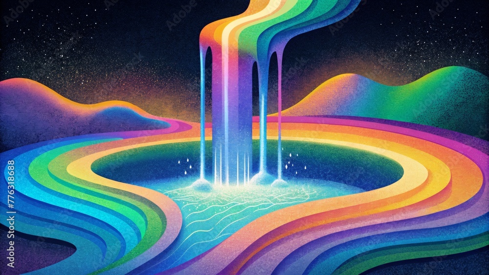 Poster Cascading streams of liquid mercury sparkling in a rainbow of colors.