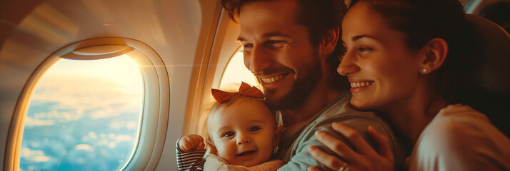Selective focus of Caucasian man and woman holding small children Look at the window while flying in an airplane during a trip. - Powered by Adobe
