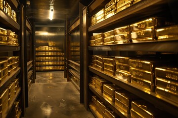 underground vault filled with shelves of gold bars, representing the massive wealth held by many large corporations - obrazy, fototapety, plakaty