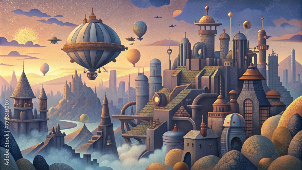 Wall mural A steampunkinspired city with futuristic elements where steampowered machines coexist with hightech drones and holographic billboards.