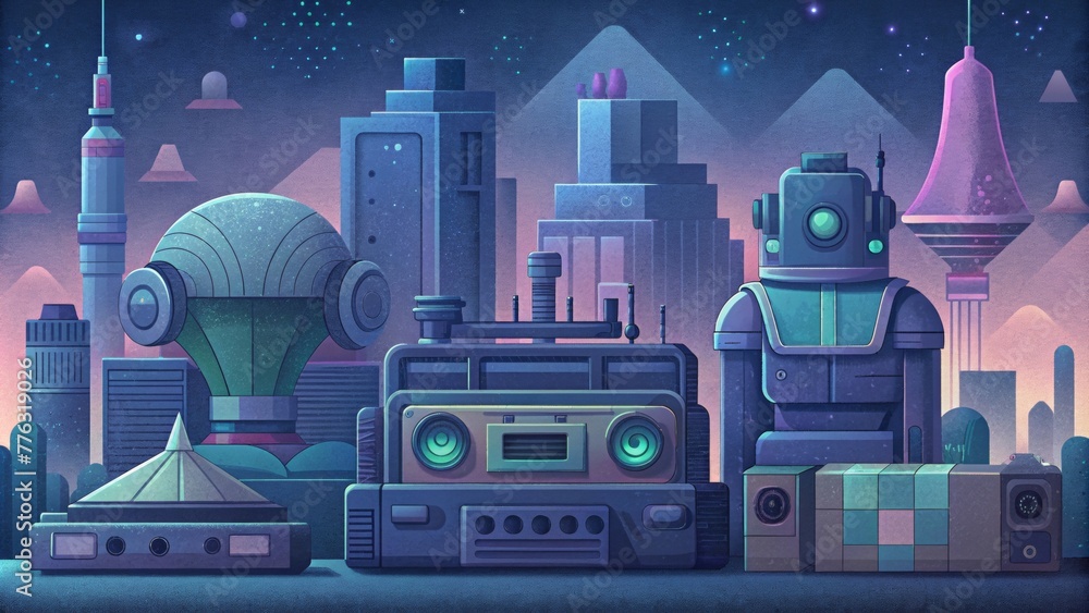 Poster a cyberpunk bazaar selling vintage items like typewriters and cassette tapes alongside advanced biot