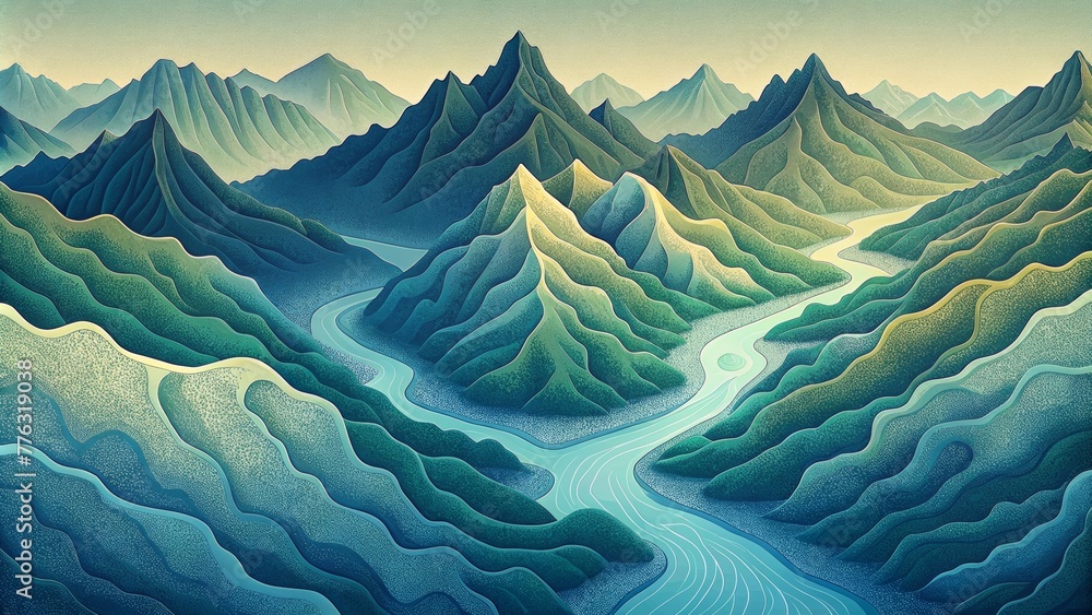 Poster a birds eye view of a mountain range reveals the intricate network of rivers and streams flowing thr