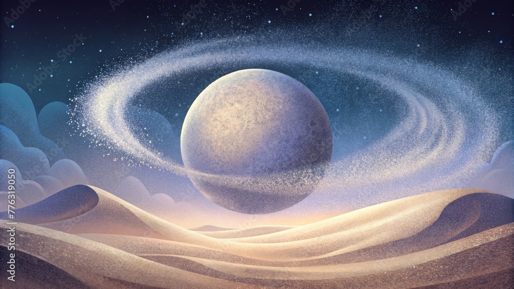 Poster Moon dust swirls and dances in the soft light creating a dreamy and ethereal landscape with no beginning or end.