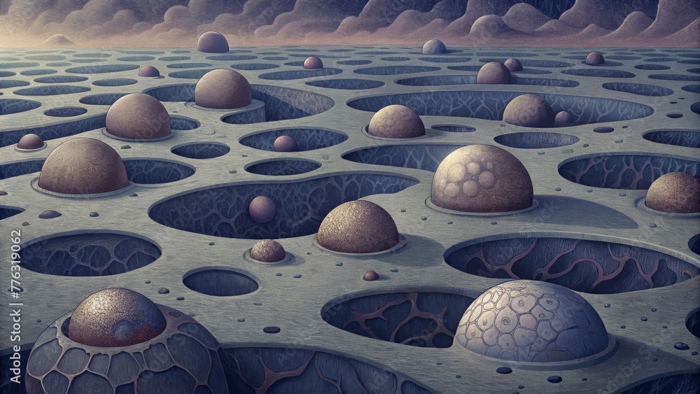 Aufkleber An endless field of craters in varying sizes and depths connected by intricate lines and cracks creating a mesmerizing maze of textures.