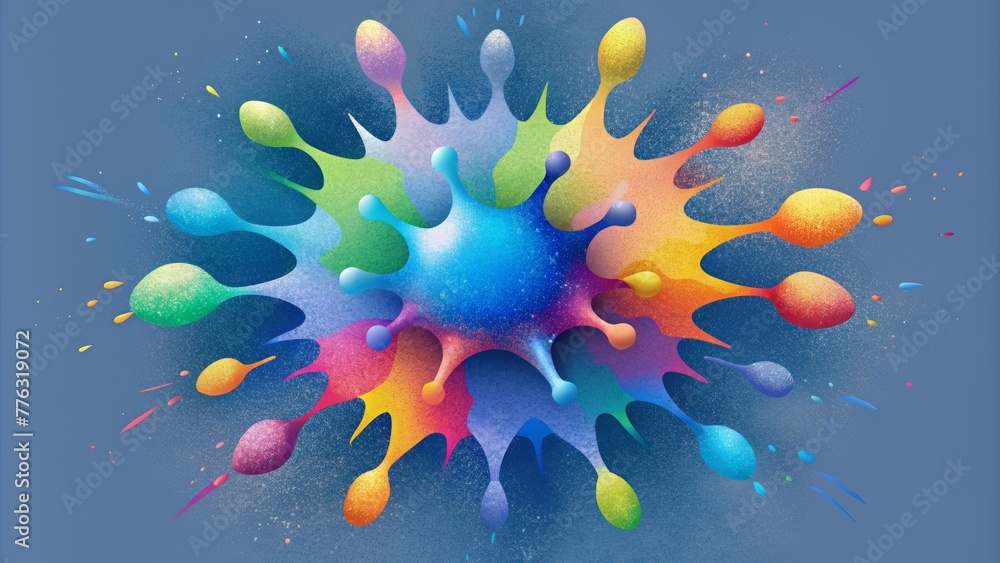 Poster a playful and energetic composition of vivid paint splatters forming a unique symphony of hues and t
