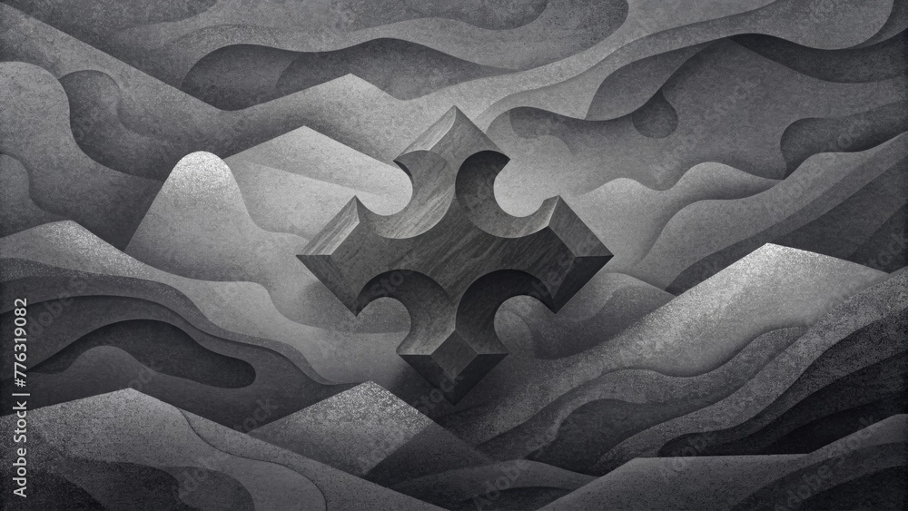 Poster a canvas of monochromatic shades of gray tered with smooth and jagged surfaces like a mysterious puz