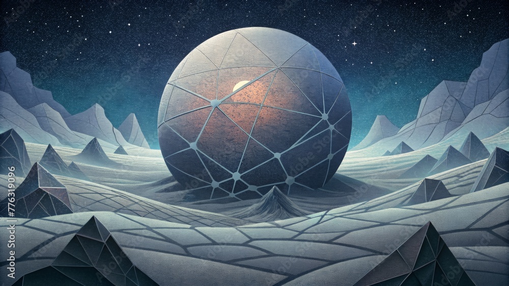 Fototapete Jagged lines intersect and collide creating a web of fractured patterns across a lunar landscape accented by the soft glow of a distant star.