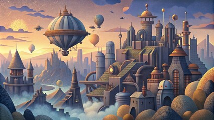 A steampunkinspired city with futuristic elements where steampowered machines coexist with hightech drones and holographic billboards.