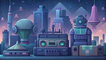 A cyberpunk bazaar selling vintage items like typewriters and cassette tapes alongside advanced biotechnology and cyborg upgrades. - obrazy, fototapety, plakaty