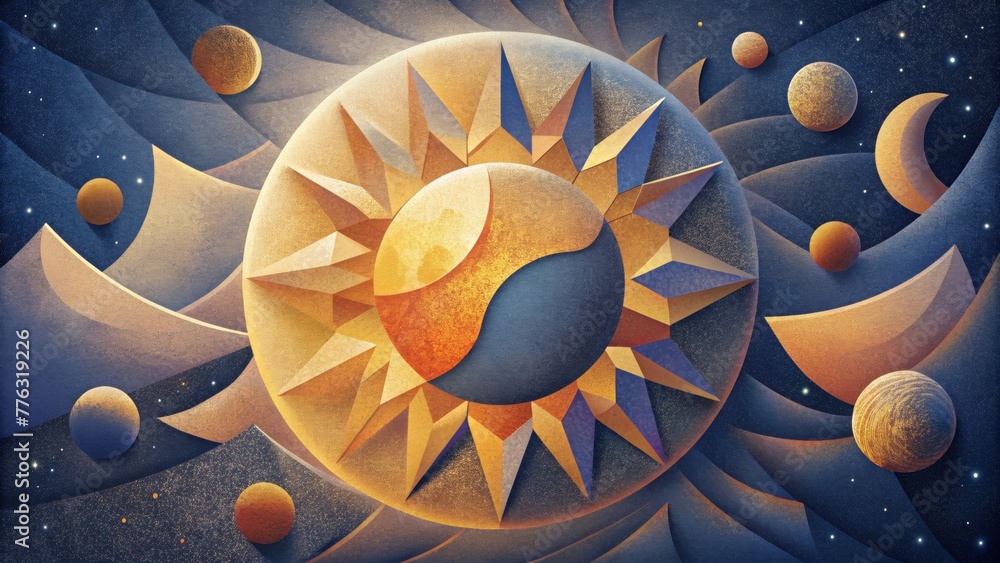 Poster a fragmented collage of sun and moon shapes conveying the transitory nature of an eclipse.