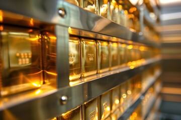 Rows of gold bars neatly arranged in the bank vault. Atmosphere of wealth and security. - obrazy, fototapety, plakaty