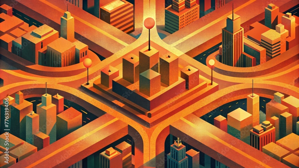 Aufkleber A stylized representation of a busy city intersection with distorted and overlapping shapes in shades of orange and red.
