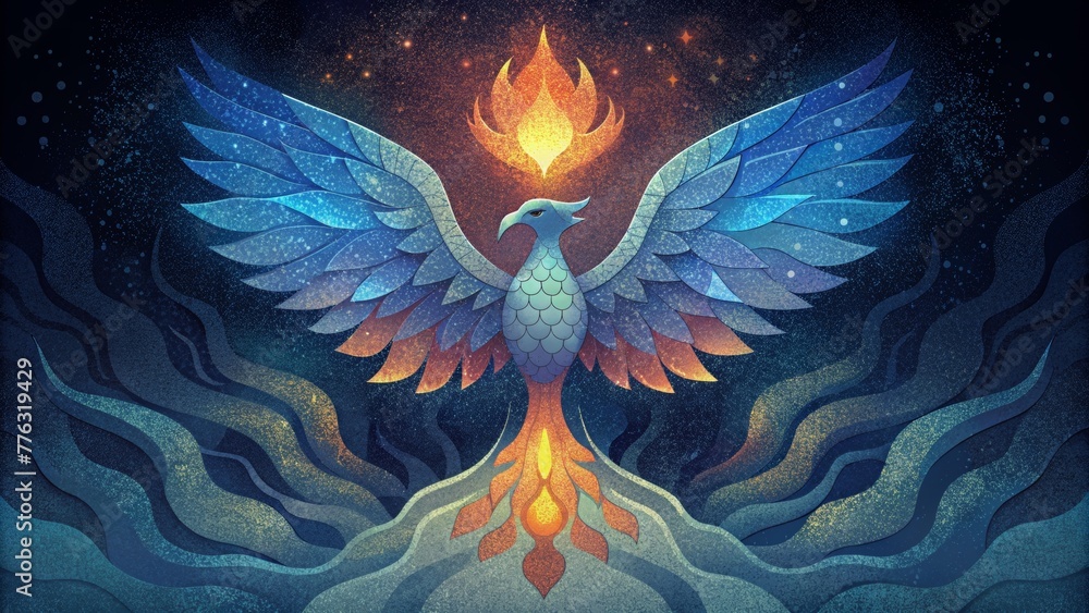 Aufkleber a mystical mosaic illustrating the myth of the phoenix reborn from its own ashes woven with iridesce