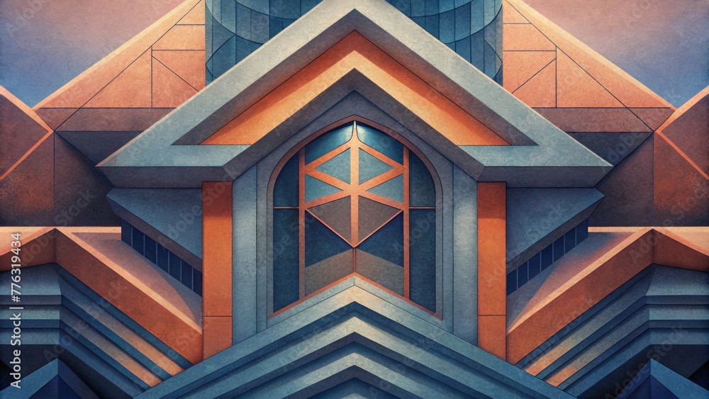 Poster A closeup view of a buildings facade abstracted and distorted into a series of geometric shapes and textures.
