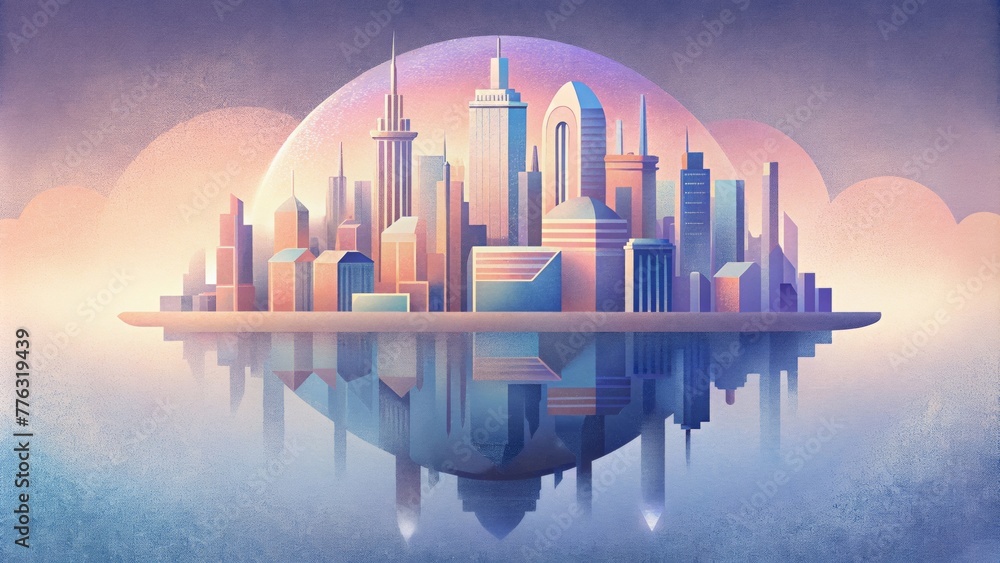 Poster A surreal representation of a city skyline with inverted and overlapping structures in a dreamlike color palette.