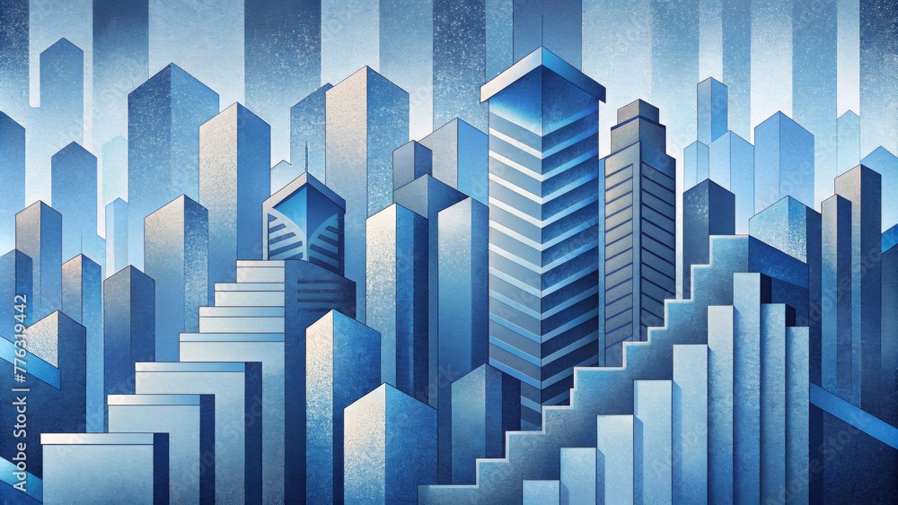 Aufkleber A vertical composition of urban elements with zigzagging lines and distorted shapes in shades of blue and white.